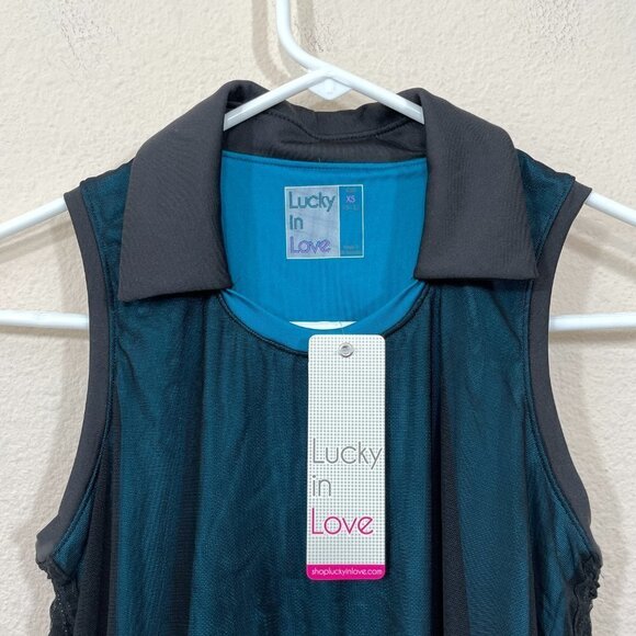 LUCKY IN LOVE Sleeveless Tank Size XS Tennis Shirt Black Mesh Over Teal NWT - Picture 5 of 7